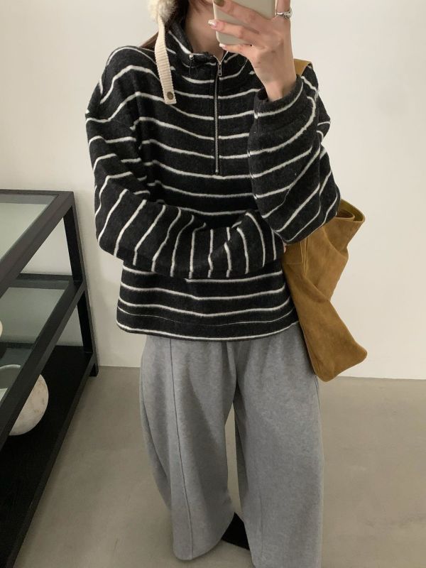 磨毛加絨拉鍊條紋上衣 