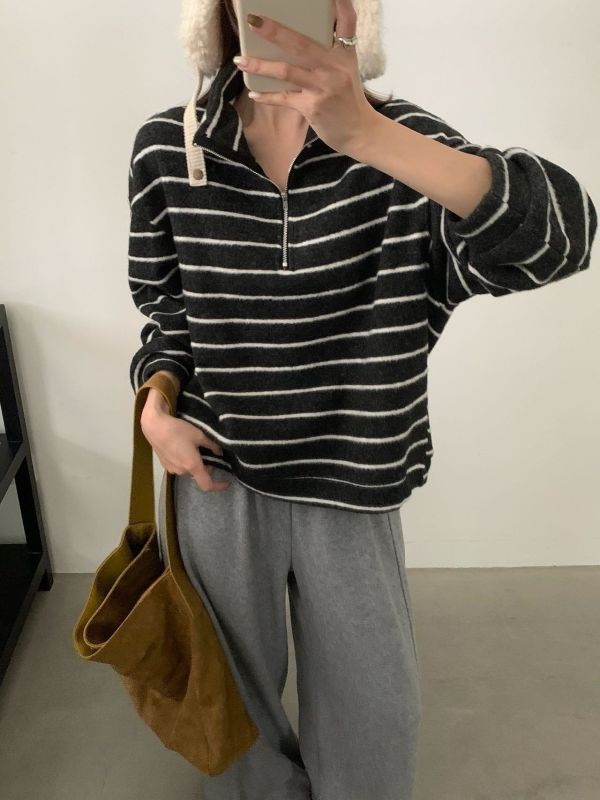 磨毛加絨拉鍊條紋上衣 