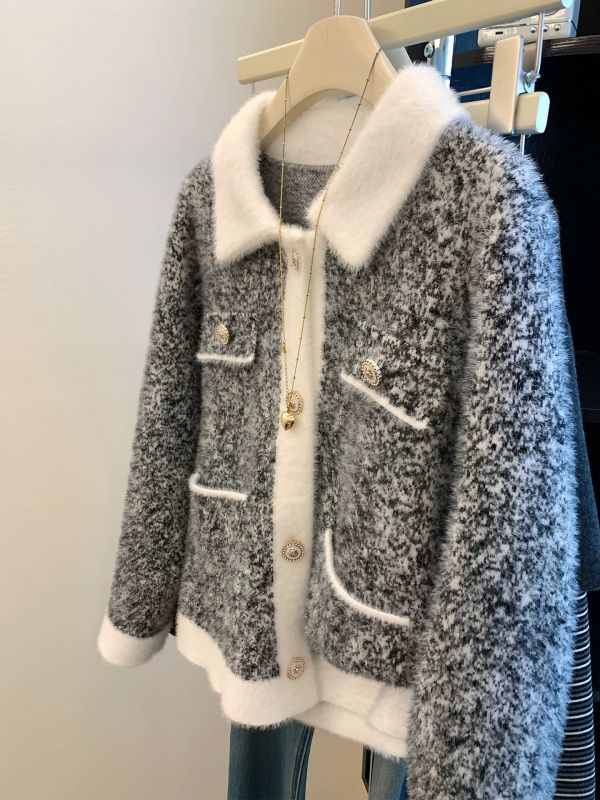 法式小香風水貂絨開衫外套 