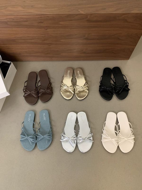 韓式簡約線條蝴蝶結平底涼拖鞋 
