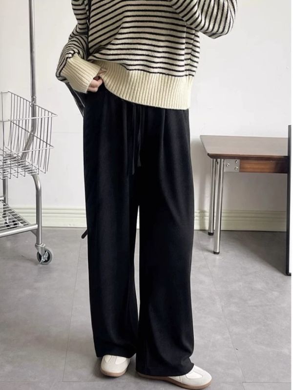 腰抽繩細坑條磨毛寬褲 