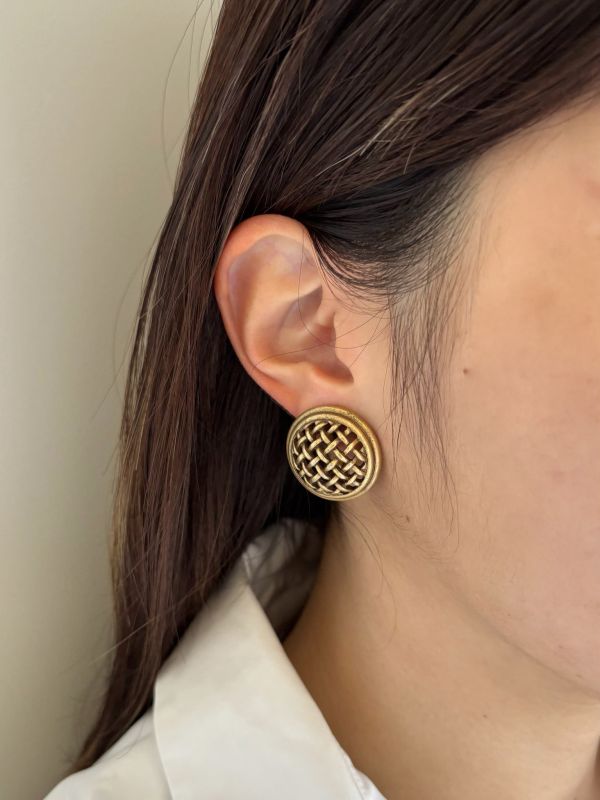 中古YSL圓盤格紋古銅色耳夾 