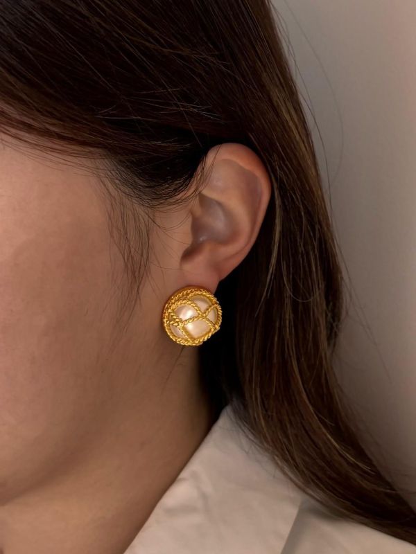 Joan River 80s 珍珠格紋耳環 