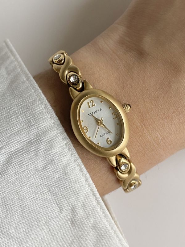 美國 Elgin白蝶貝橢圓水鑽錶 | Elgin Rhinestone Vintage Watch 