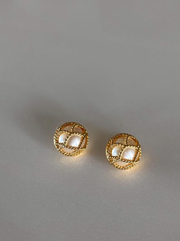 Joan River 80s 珍珠格紋耳環 