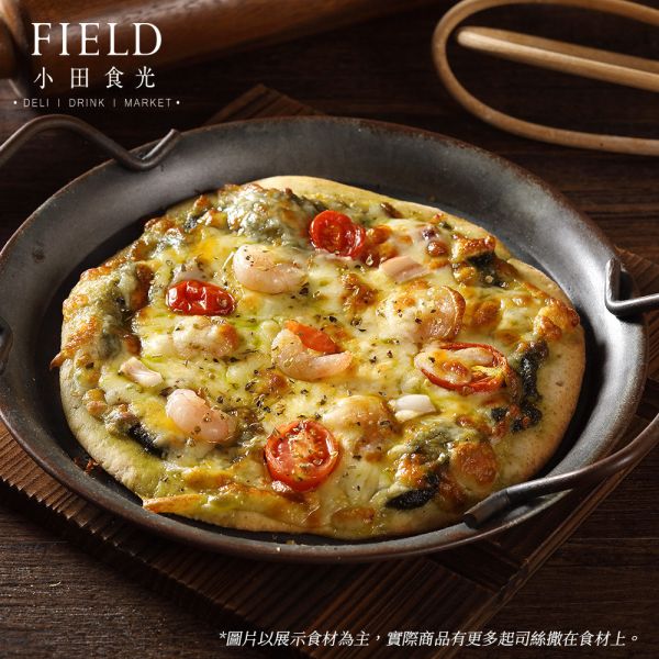 北義風情--全麥風味手工PIZZA/北義青醬海鮮 全麥手工PIZZA, 義式青醬海鮮, 松子, 鯷魚, 台灣盛產的蘿勒品種, 九層塔, 蒜香, 麥香, 北義傳統風味