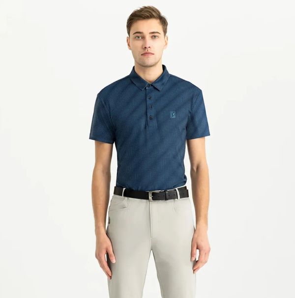 PGA TOUR-跨界流動線條印花POLO衫(男)-禮服藍/白 