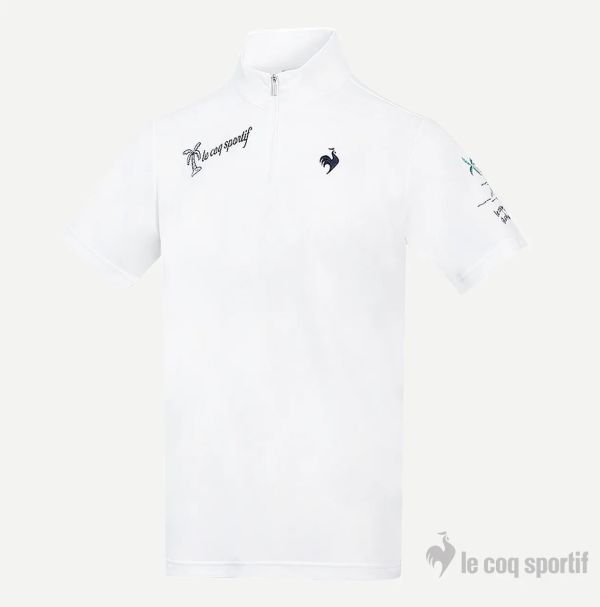 LE COQ SPORTIF GOLF-男款白色袖印花涼感機能立領短袖棉衫 