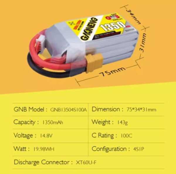 高能量GNB 1350MAH 4S 100C 14.8V 航模四軸高倍率 