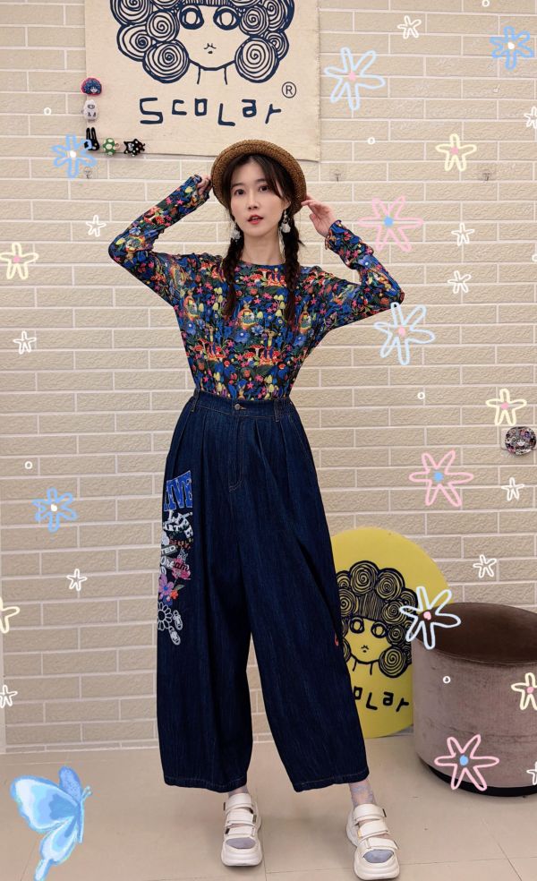 刺繡丹寧褲 