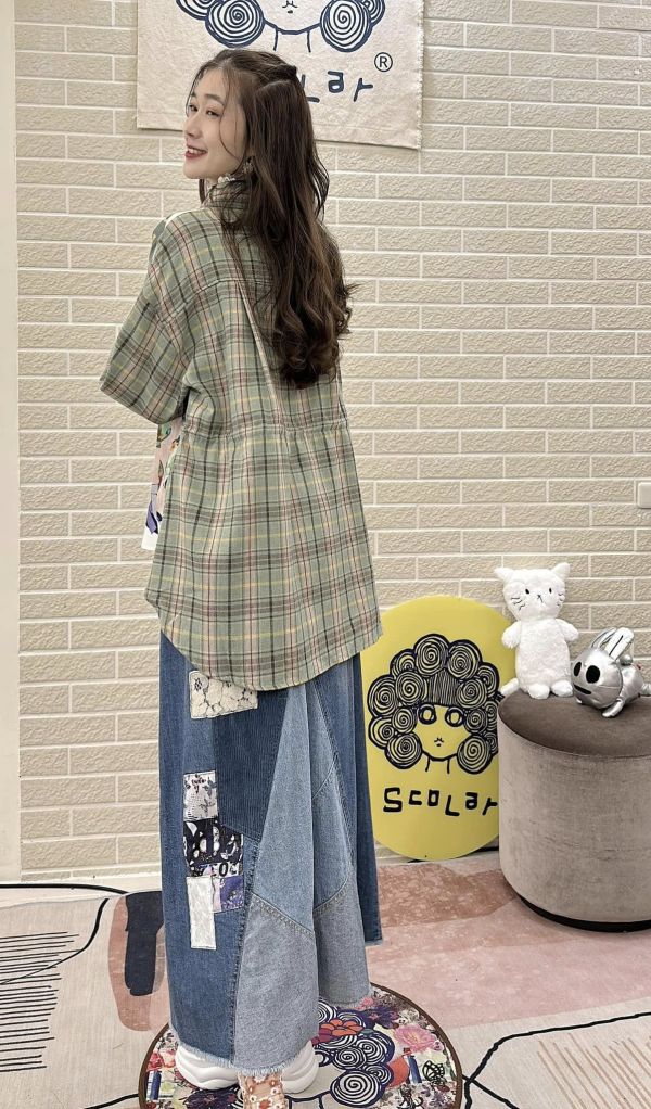 塗鴉拼接格紋襯衫 