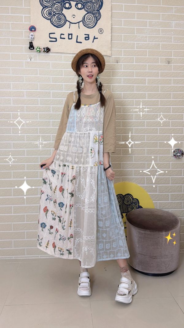燒花拼接刺繡洋裝 
