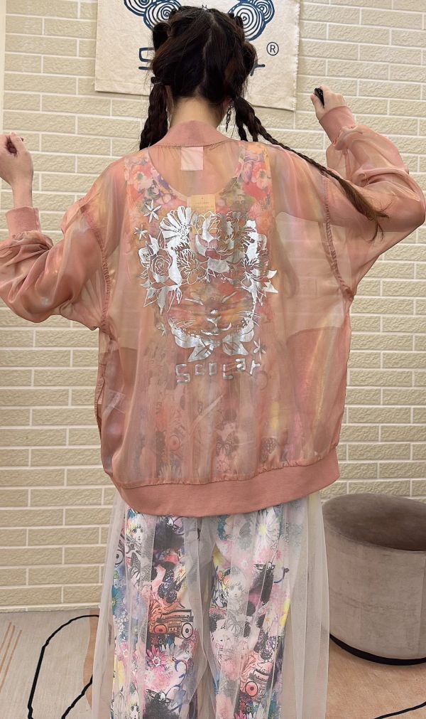 662貓咪光澤透紗夾克外套 
