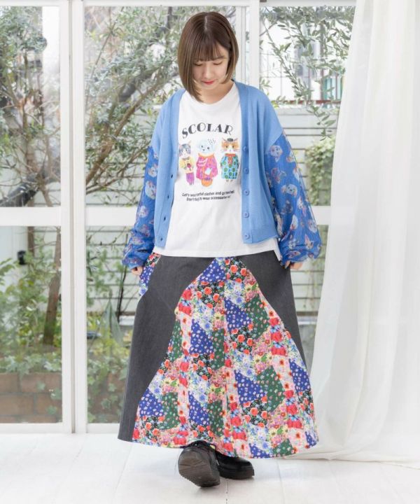 656丹寧花卉拼接裙 