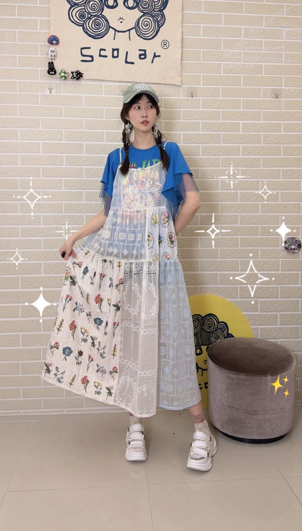 燒花拼接刺繡洋裝 