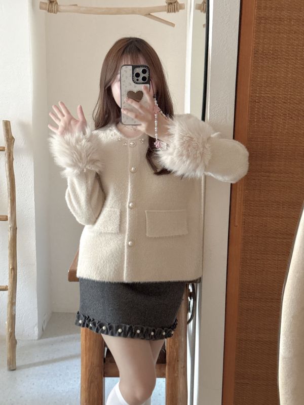 現貨- 氣質蝴蝶結珍珠毛呢短裙 