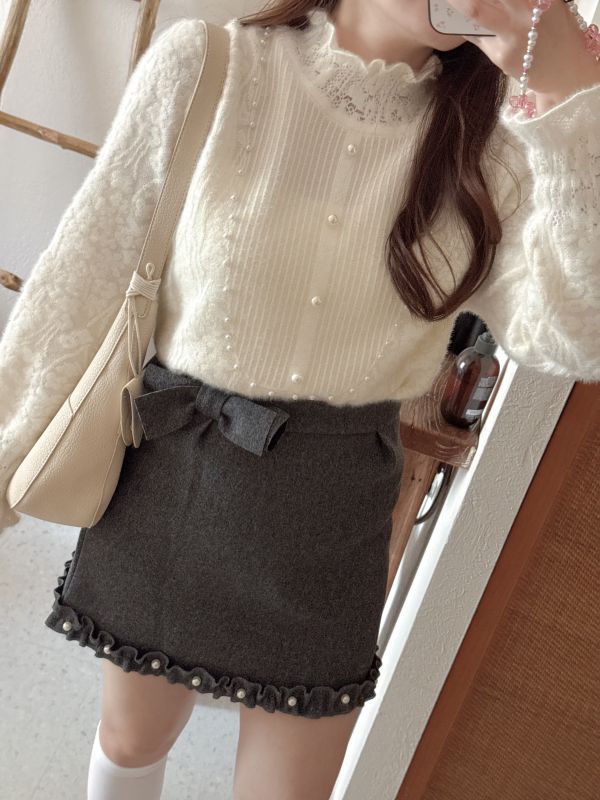 現貨- 優雅珍珠蕾絲針織上衣 