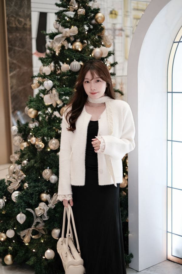 預購- 蕾絲綁帶珍珠小香外套 米白 