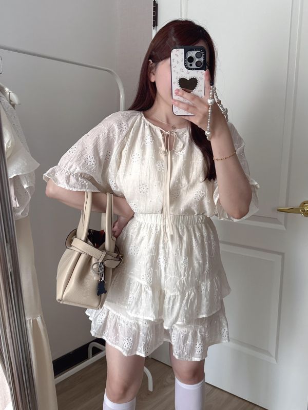 現貨- 綁帶提花套裝蛋糕裙褲 