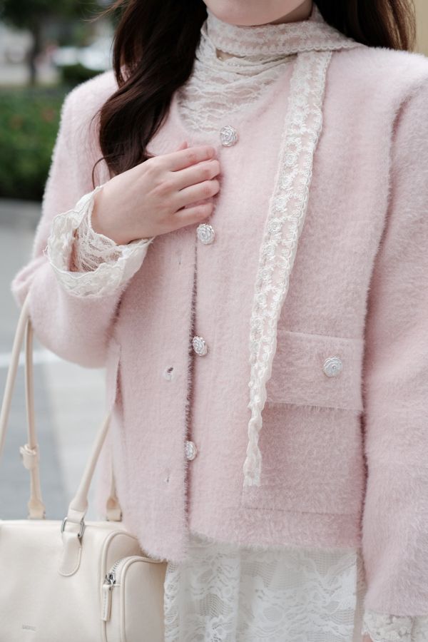 現貨- 蕾絲綁帶珍珠小香外套 粉 