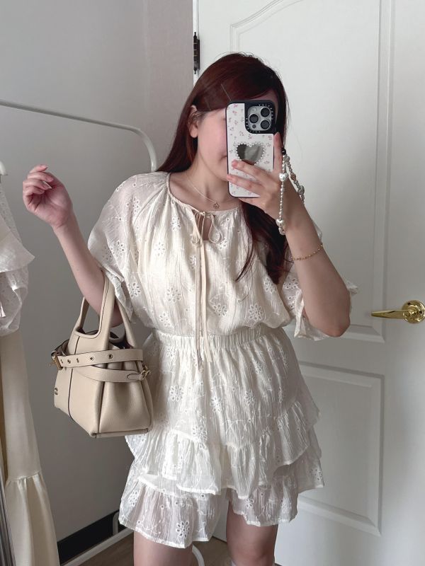 現貨- 綁帶提花套裝蛋糕裙褲 