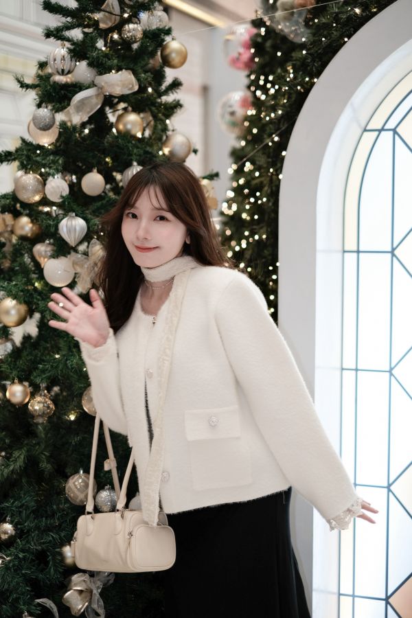 預購- 蕾絲綁帶珍珠小香外套 米白 