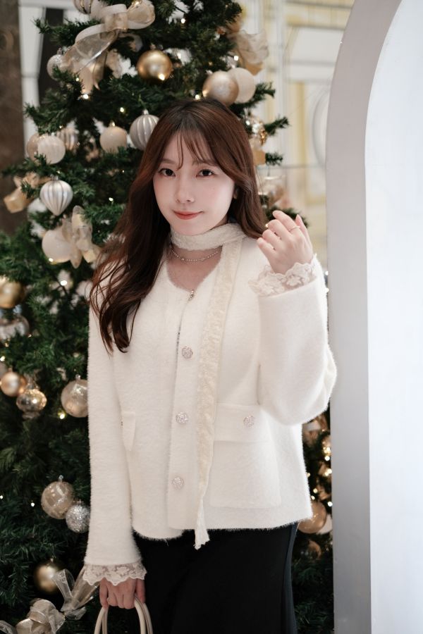 預購- 蕾絲綁帶珍珠小香外套 米白 