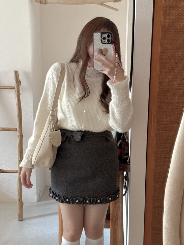 現貨- 氣質蝴蝶結珍珠毛呢短裙 