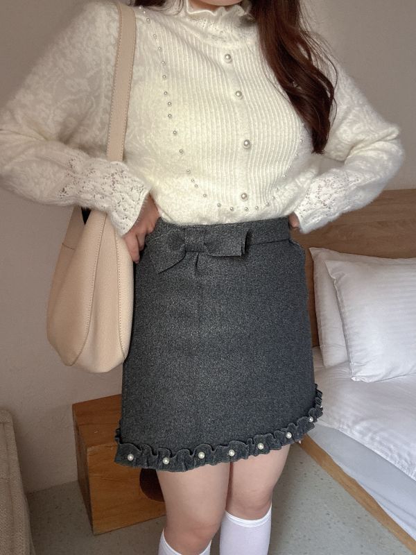 現貨- 氣質蝴蝶結珍珠毛呢短裙 