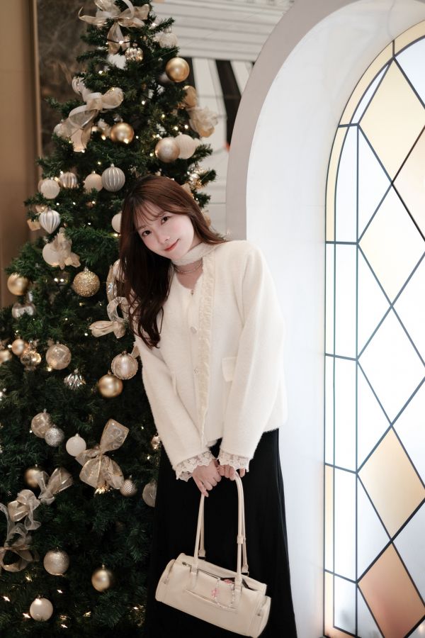 預購- 蕾絲綁帶珍珠小香外套 米白 