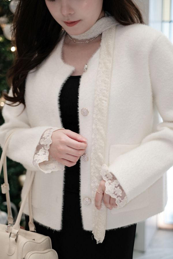 預購- 蕾絲綁帶珍珠小香外套 米白 