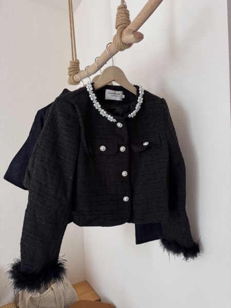 現貨- 珍珠小香風羽毛套裝裙 