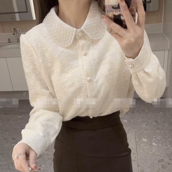 現貨- 法式領珍珠亮片蕾絲上衣 