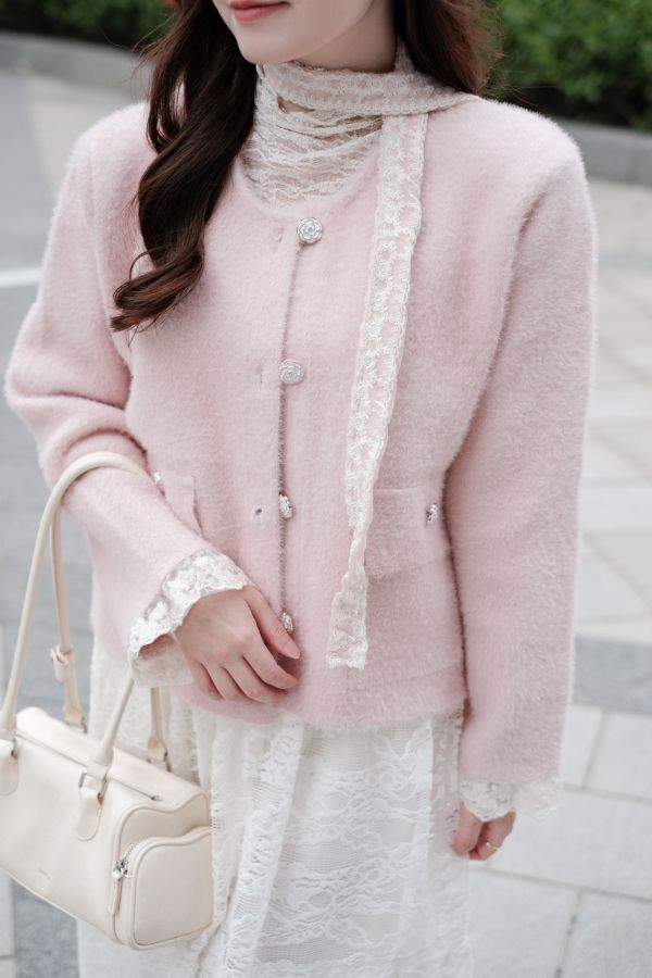 現貨- 蕾絲綁帶珍珠小香外套 粉 