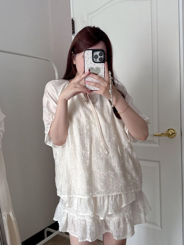 現貨- 綁帶提花套裝蛋糕裙褲 