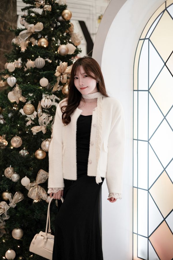 預購- 蕾絲綁帶珍珠小香外套 米白 