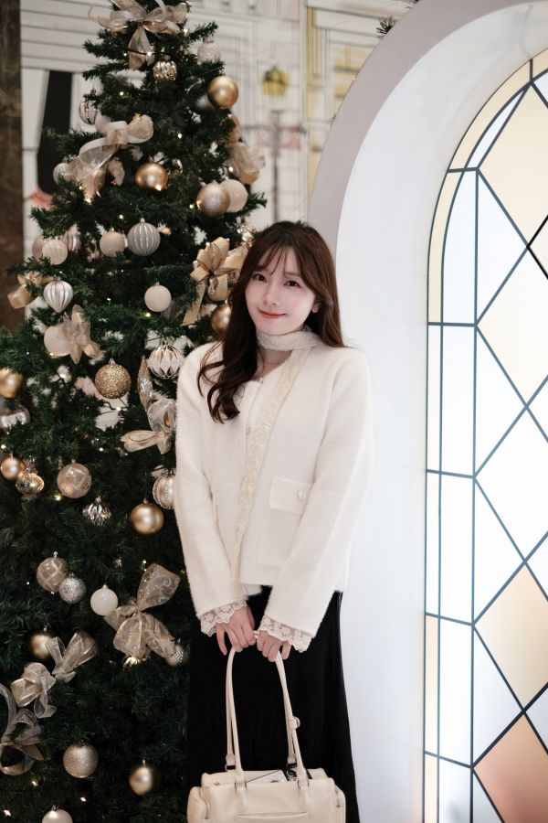 預購- 蕾絲綁帶珍珠小香外套 米白 