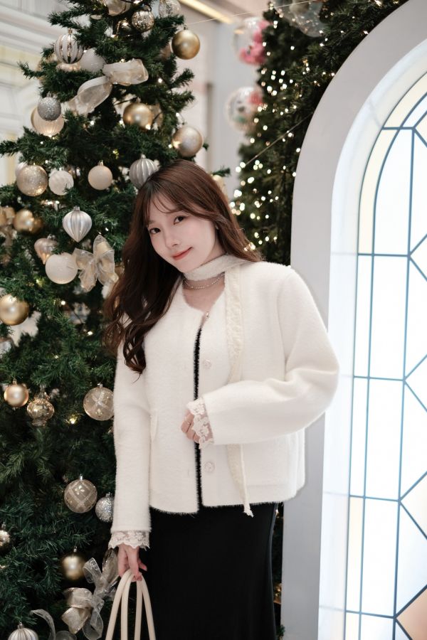 預購- 蕾絲綁帶珍珠小香外套 米白 
