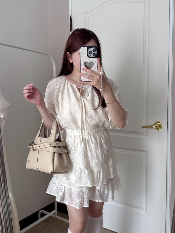 現貨- 綁帶提花套裝蛋糕裙褲 