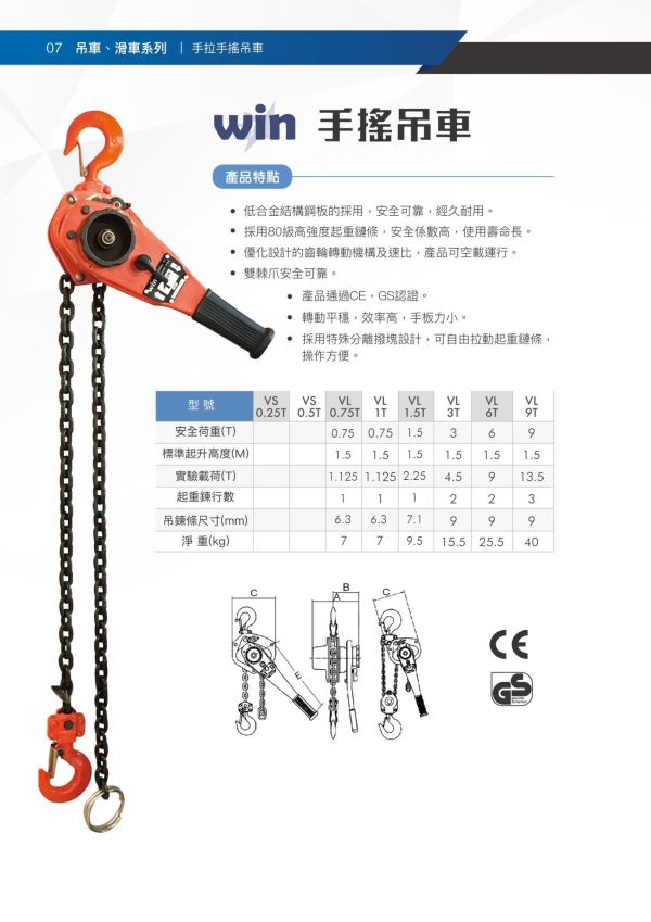 WIN 手搖吊車 0.75T ~ 3.0T / 1.5M ~ 3M 多種規格 吊車,手搖