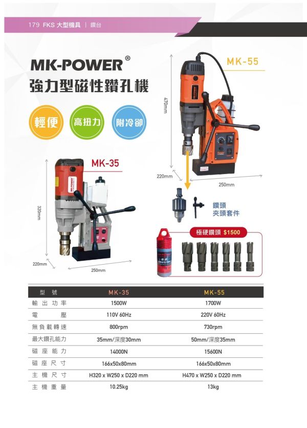 強力型 磁性鑽孔機  MK-35型/ MK-55型 /深孔鎢鋼鑽頭 磁性鑽台,磁性,鑽台,深孔鎢鋼鑽頭,深孔,鎢鋼,鑽頭