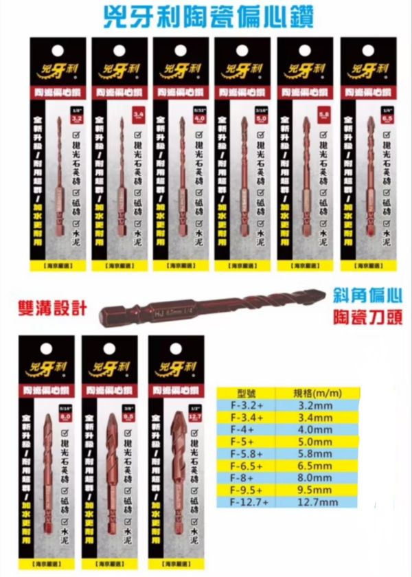 兇牙利陶瓷偏心鑽 水泥 紅磚 磁磚石英磚 六角柄陶瓷偏心鑽(兇牙利)雙R 