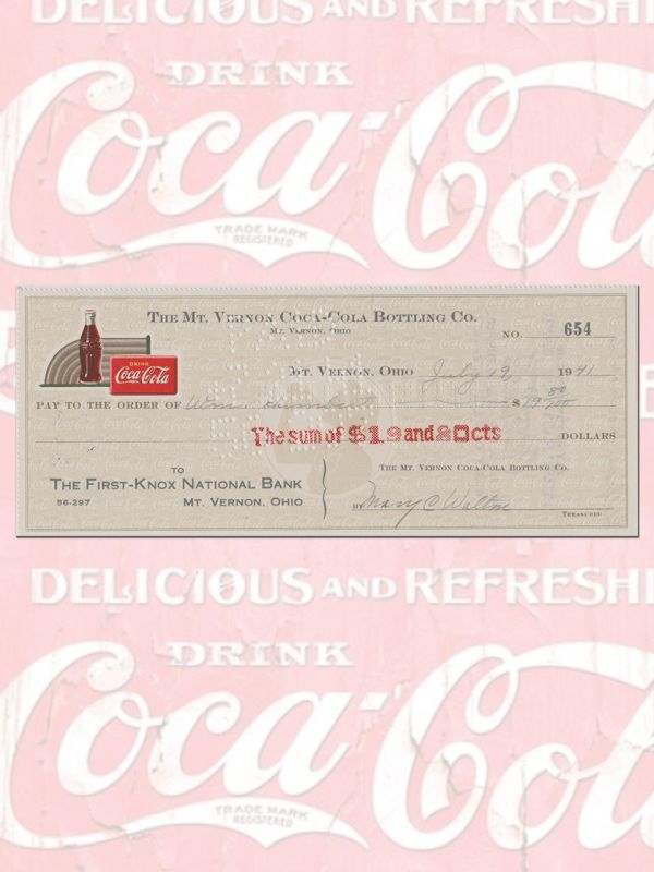 絕版收藏｜1940s 美國古董可口可樂公司支票  1940s coca cola check(10張／套) 可口可樂支票, 古董支票, 可口可樂收藏, 廣告文物
品牌歷史, 絕版, 復古文書, 商業文物, 美國古董, 收藏品, 歷史文件, Coca-Cola Check, Vintage Check