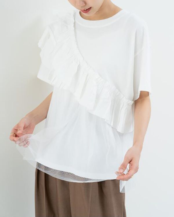 荷葉拼接透紗T恤 