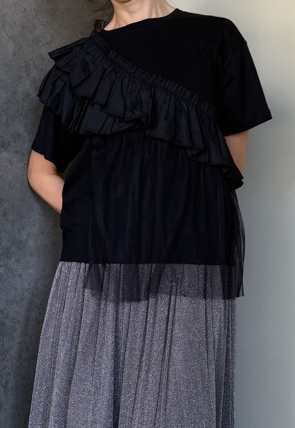 荷葉拼接透紗T恤 