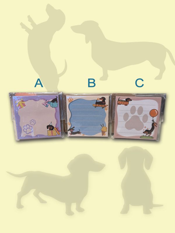 臘腸狗便條紙組｜狗狗插畫三款・療癒手帳小物 臘腸狗便條紙

狗狗插畫文具

插畫風便條紙

手帳小物

狗狗主題文具

可愛便條紙

文具控收藏

狗狗療癒插圖

禮物盒狗插畫

滑板狗便條紙