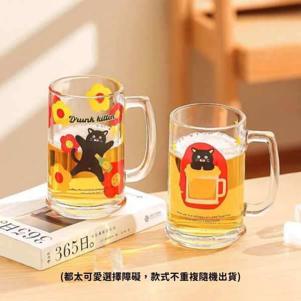 《799元公益福袋》下班後的微醺~大握把玻璃對杯430ml(共2個) 貓咪,插畫,貓插畫,可愛,日本,啤酒杯,玻璃杯,馬克杯,黑貓
