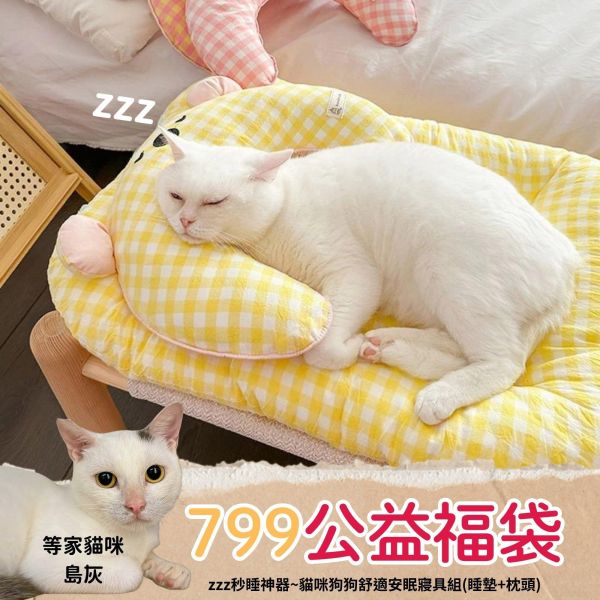 《799元公益福袋》zzz秒睡神器~貓咪狗狗舒適安眠寢具組(睡墊+枕頭) 可拆洗 貓插圖,貓咪,睡窩,睡墊,素面,格紋,質感,寵物,睡覺,軟墊