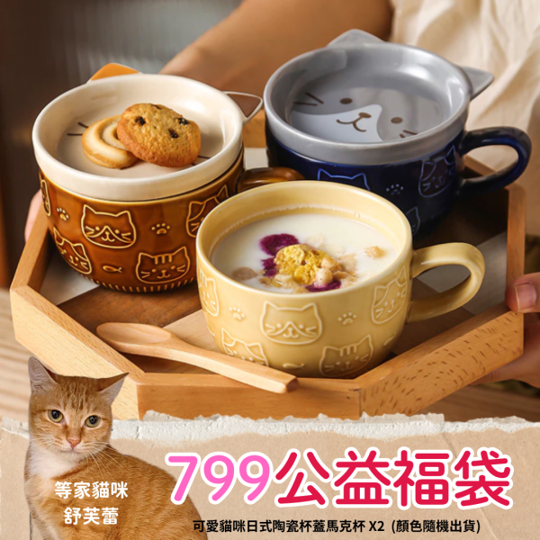 《799元公益福袋》可愛貓咪日式陶瓷杯蓋馬克杯X2 (對杯) 貓插圖,貓咪,馬克杯,對杯,耐熱,蓋子,杯蓋