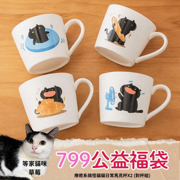 《799元公益福袋》療癒系搞怪貓貓日常馬克杯X2 (對杯組) + 贈 貓掌木湯匙 貓咪,插畫,貓插畫,可愛,日本,啤酒杯,玻璃杯,馬克杯,黑貓,水杯,夏天,衝浪